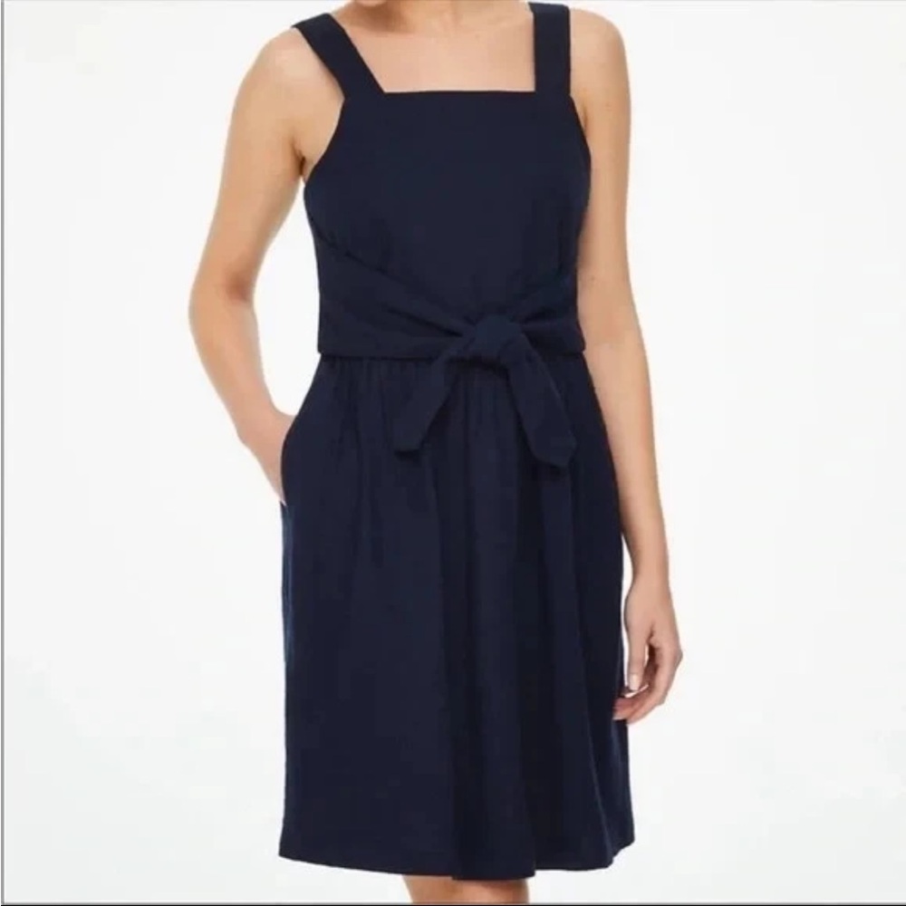 Loft Tie Front Linen Blend Dress Navy 2 Petite 2P